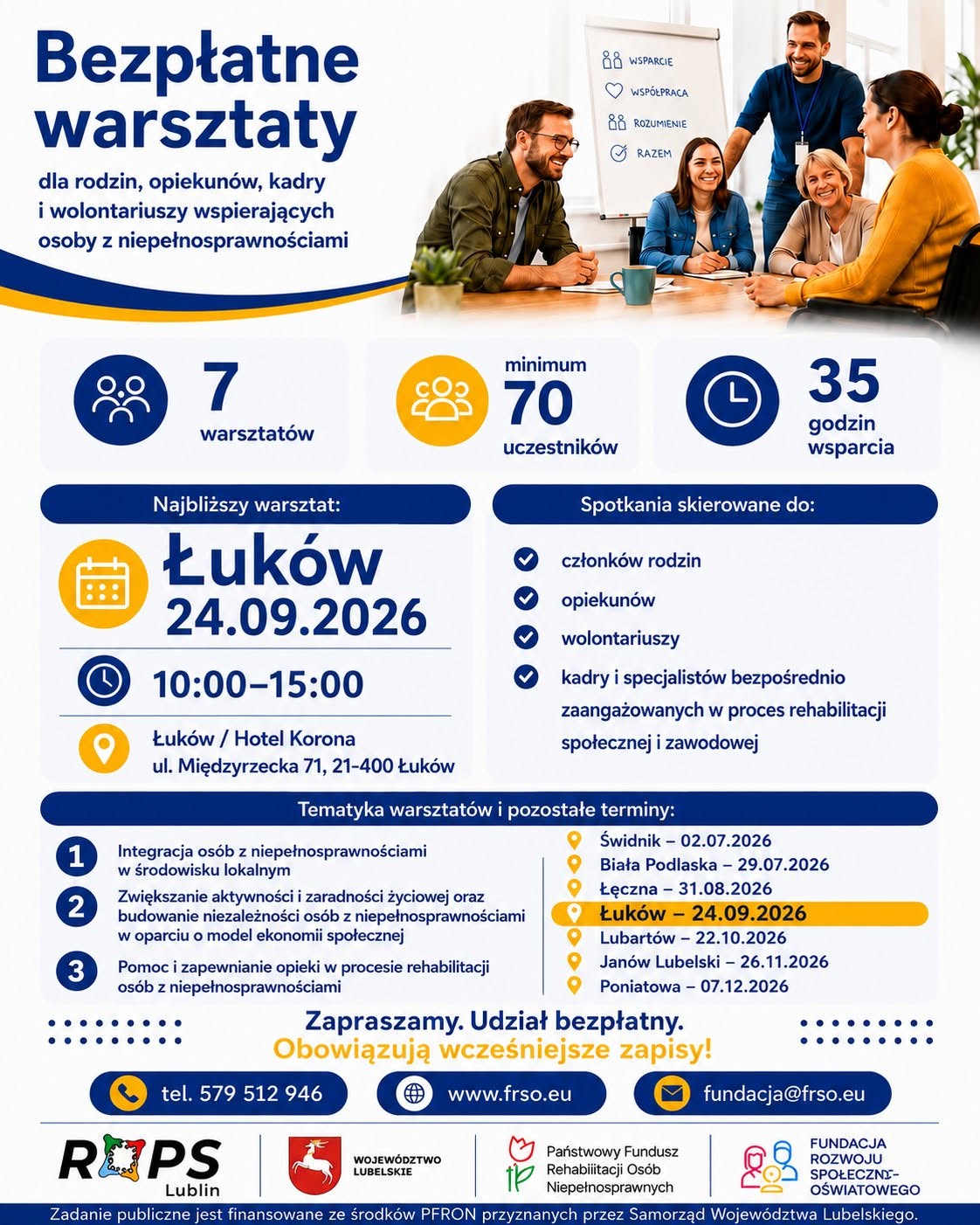 Aktualny plakat bezpłatnych warsztatów 2026. Najbliższy warsztat: Łuków, 24 września 2026, godz. 10:00-15:00, Hotel Korona, ul. Międzyrzecka 71.