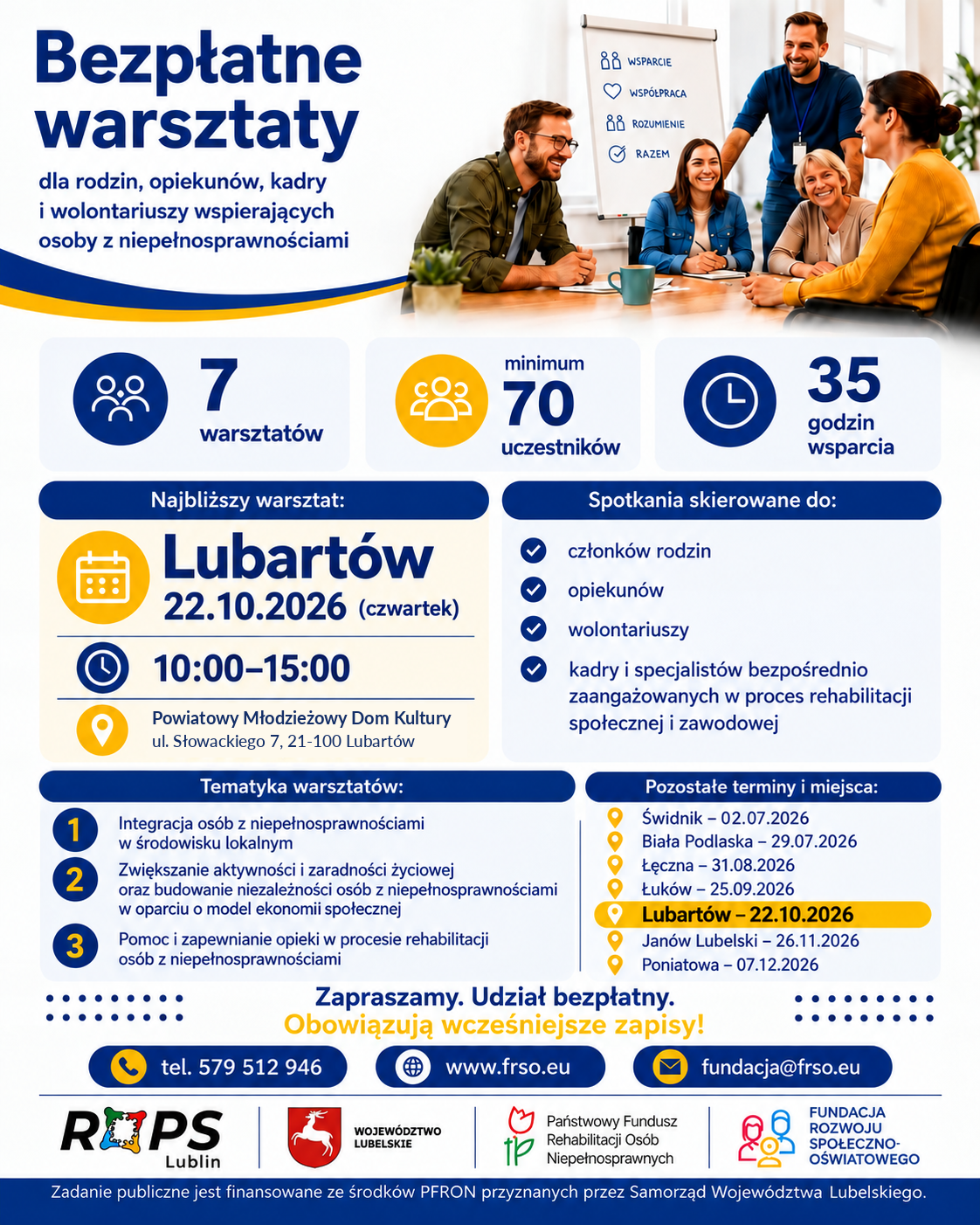 Aktualny plakat bezpłatnych warsztatów 2026. Najbliższy warsztat: Lubartów, 22 października 2026, godz. 10:00–15:00.