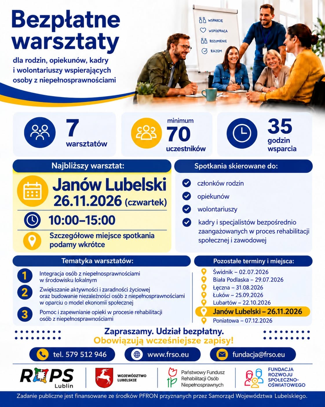 Plakat zbiorczy bezpłatnych warsztatów FRSO 2026 z harmonogramem wszystkich siedmiu spotkań.