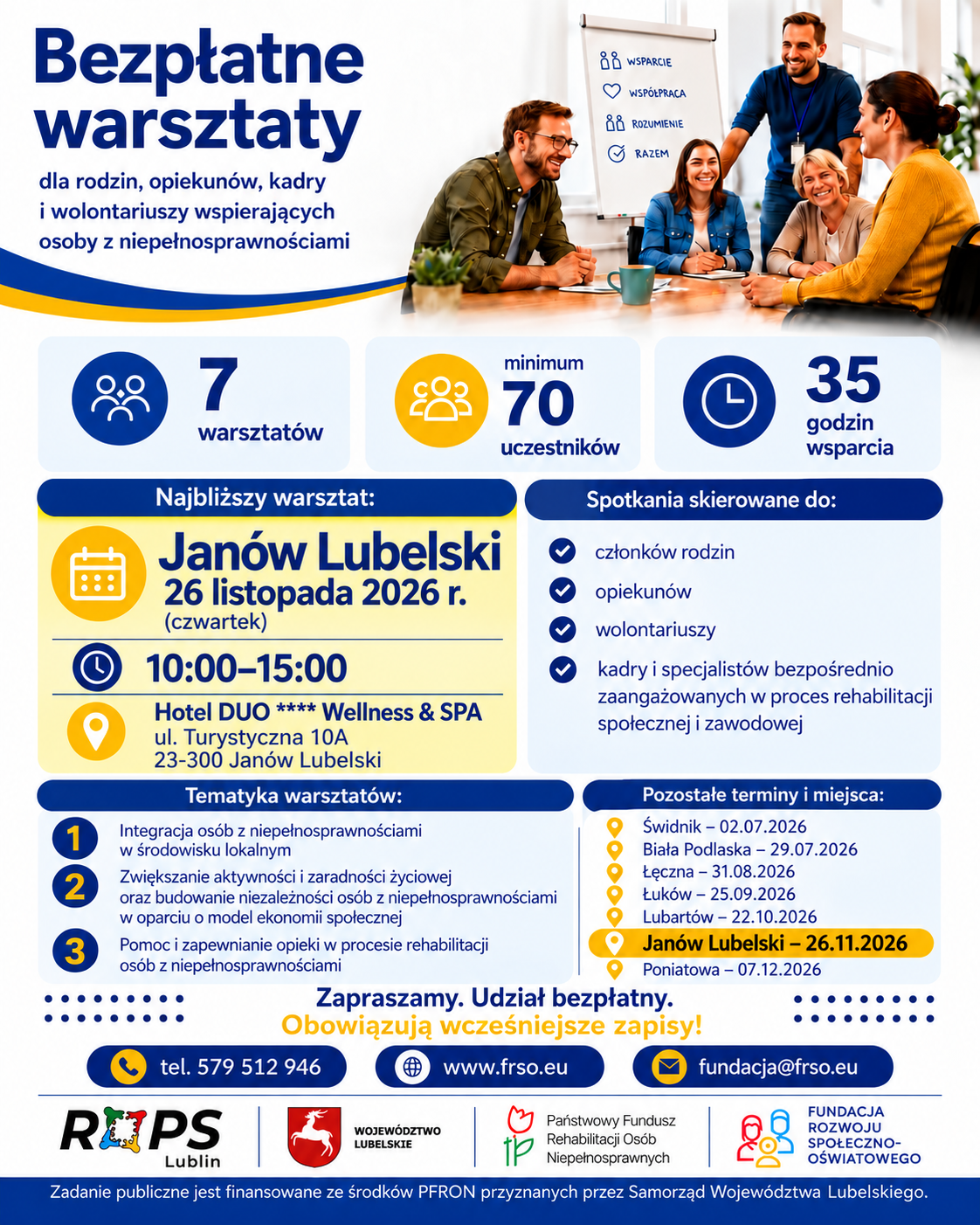 Plakat zbiorczy bezpłatnych warsztatów FRSO 2026 z harmonogramem wszystkich siedmiu spotkań.