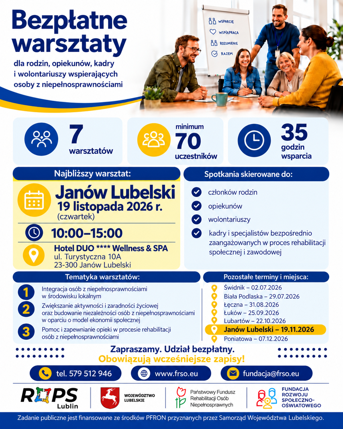 Plakat zbiorczy bezpłatnych warsztatów FRSO 2026 z harmonogramem wszystkich siedmiu spotkań.